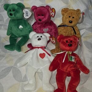 Ty Beanie Babies Vibrant Bear Collection - Red, Green, White, Pink, Brown